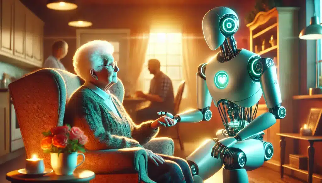 Robot humanoide tocando la mano de un anciano sentado en un sillón, en un hogar cálido con iluminación suave, destacando la unión entre tecnología y cuidado humano