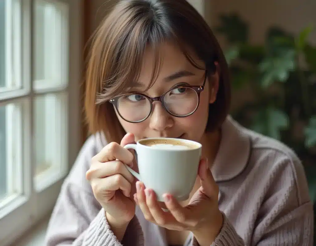 Mujer joven tomando su taza de café en pijamas al lado de una ventana